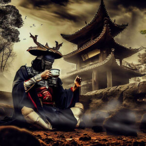 Samurai che beve caffè