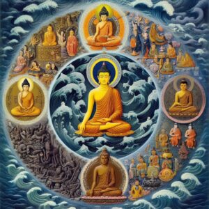 Varie scene e figure rappresentanti diverse correnti del Buddhismo