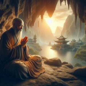 Rappresentazione Artistica di Bodhidharma Meditando nella Grotta vicino al Tempio Shaolin