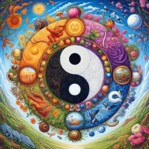 Ciclo delle stagioni con simboli Yin e Yang