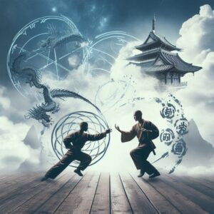 Martial artists on a platform with spiritual symbols