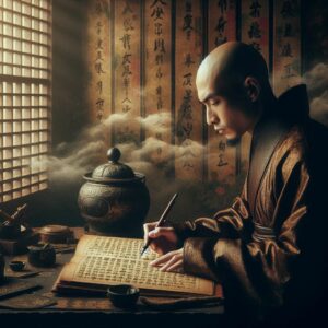 Illustration of a monk writing a manuscript in ancient Eastern style