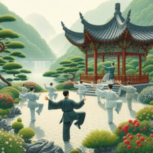 Practitioners of Taiji in a Chinese Garden