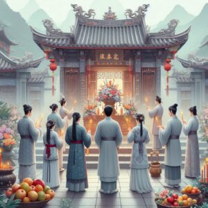 Confucian ritual with offerings and incense