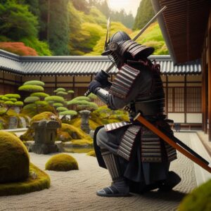 Samurai in a Zen Garden Practicing Sword Art